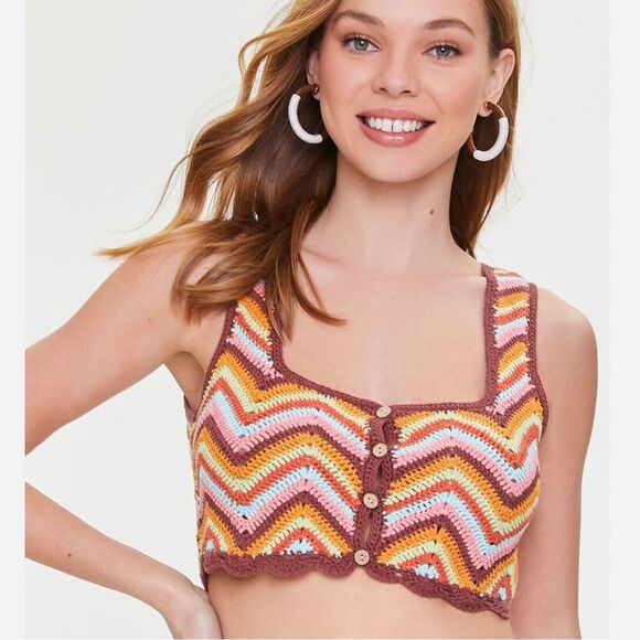 Forever 21 Crochet Chevron Sleeveless Cotton Crop Top Size Medium NEW‎ Festival - Picture 1 of 11